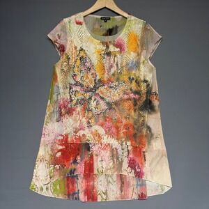 Dor Dor Couture Butterfly Print Metallic Knit High Low Tunic Top Multicolor M
